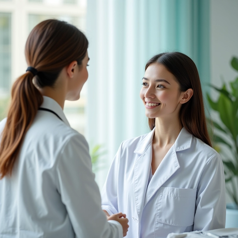 Mulher consultando dermatologista em clínica moderna.