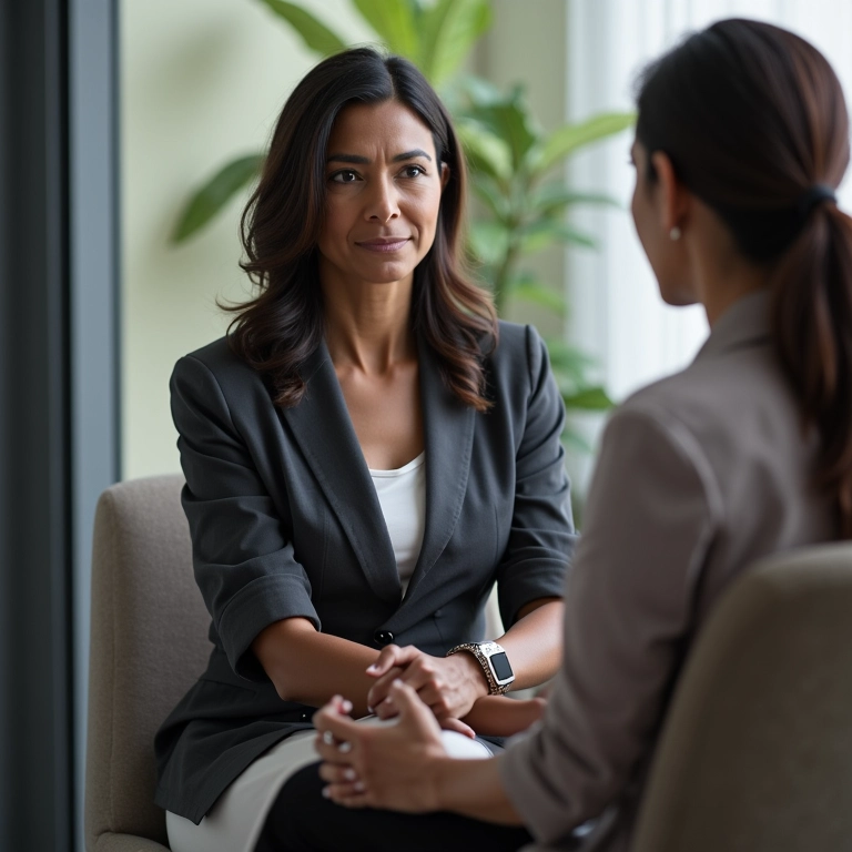 Mulher conversando com um terapeuta.