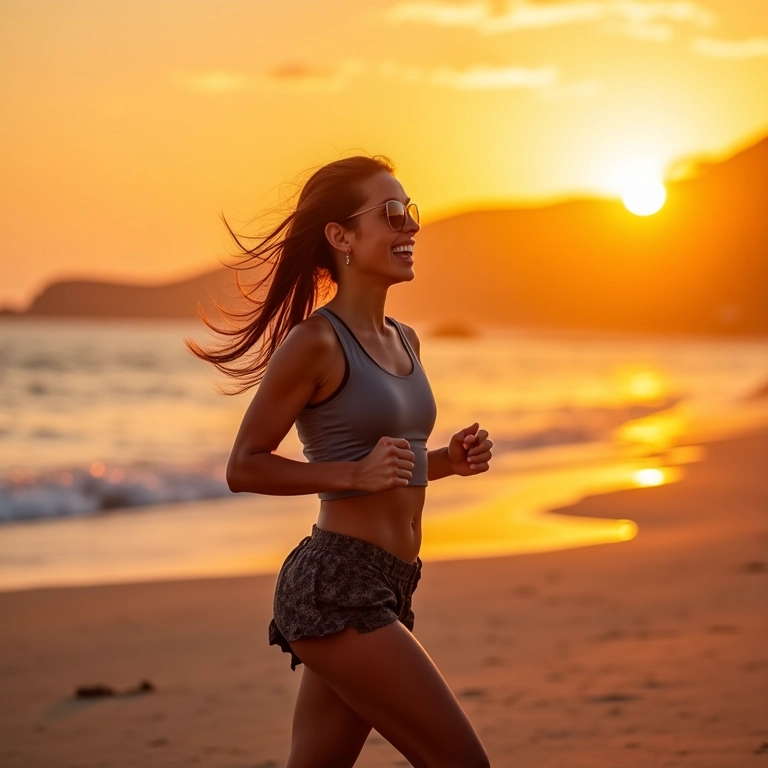 Mulher correndo na praia ao pôr do sol.