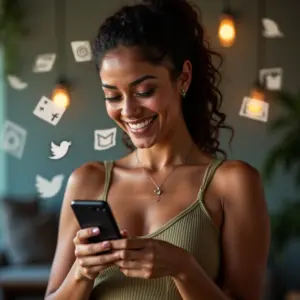 Mulher criando conteúdo engajador para redes sociais em ambiente vibrante.