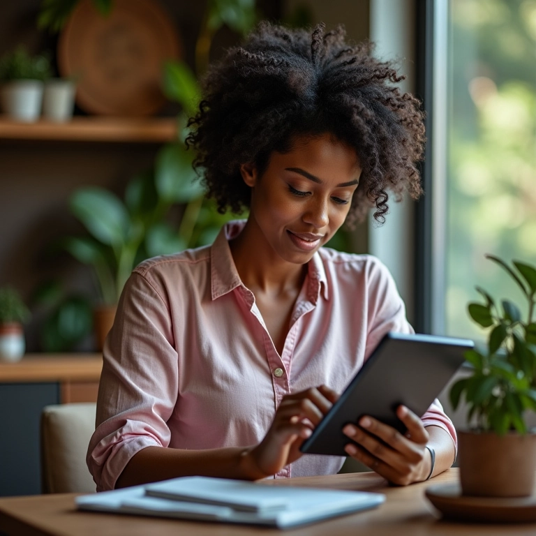 Mulher criando orçamento realista em tablet.