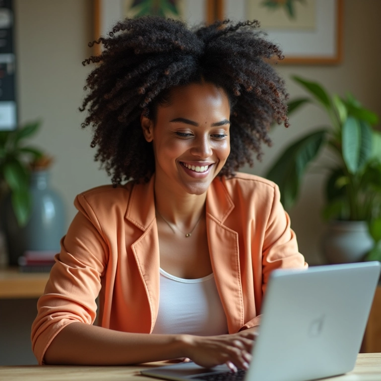 Mulher criando perfil atraente nas redes sociais para divulgar seus serviços.