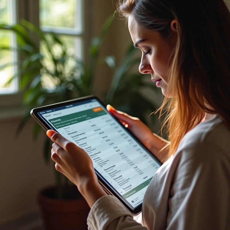 Mulher criando um orçamento detalhado em um tablet, analisando suas finanças.