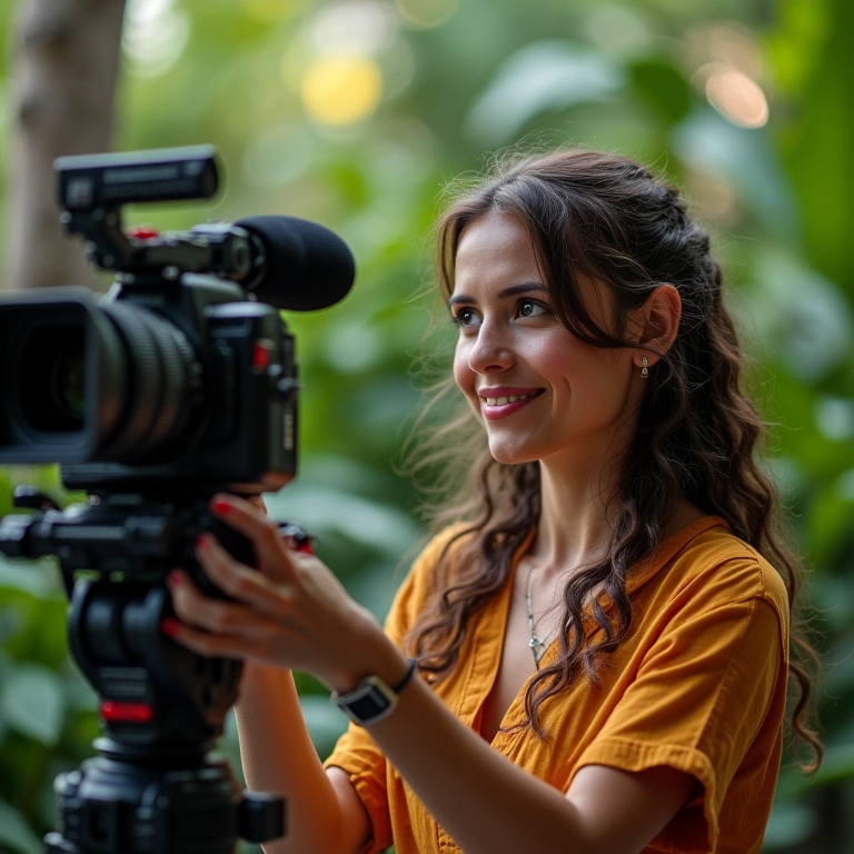 Mulher criando vídeo de alta qualidade com equipamento profissional.