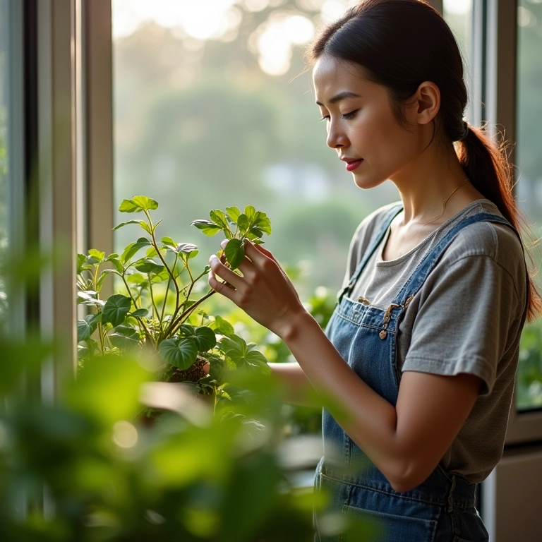 Mulher cuidando da horta automatizada em apartamento.