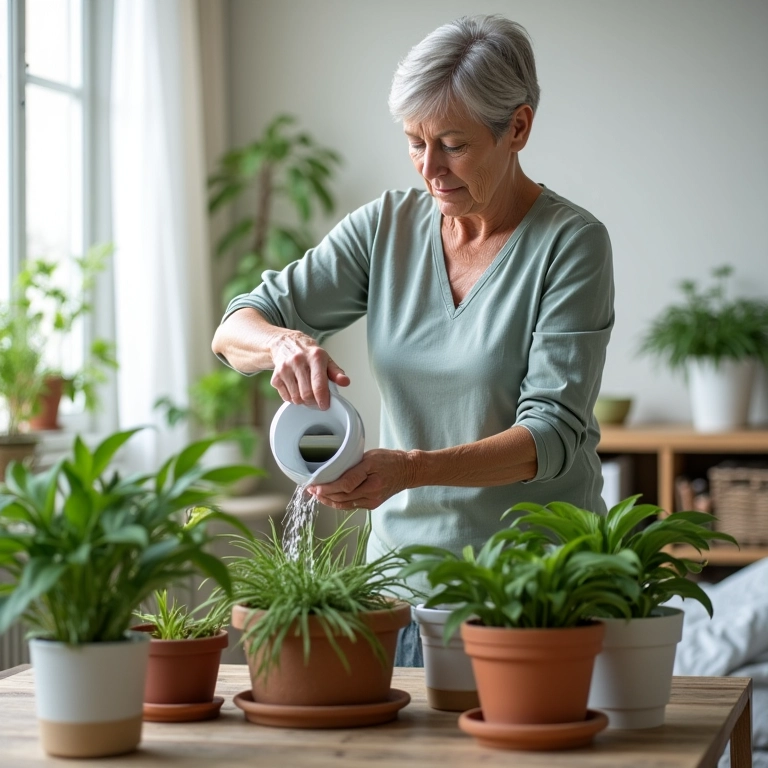 Mulher cuidando das plantas na sala de estar.
