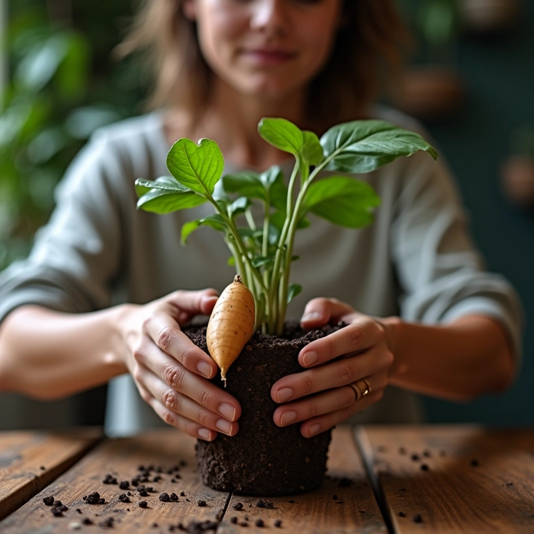 Mulher cuidando de batata doce plantada em vaso.