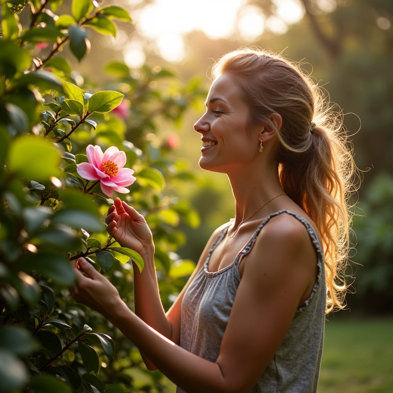Mulher cuidando de Camellia japonica em jardim ensolarado.