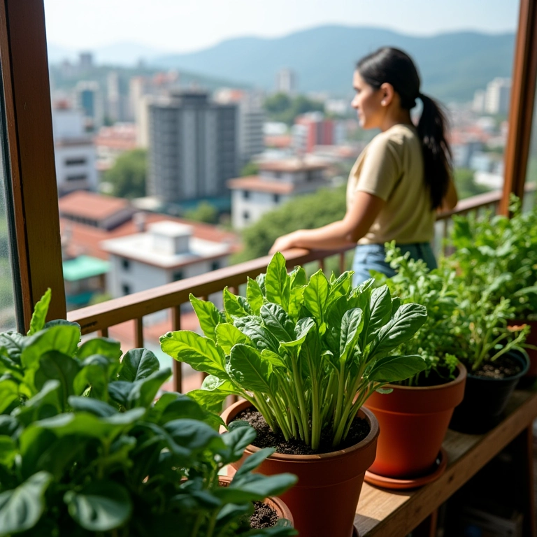 Mulher cuidando de espinafre plantado em vasos.