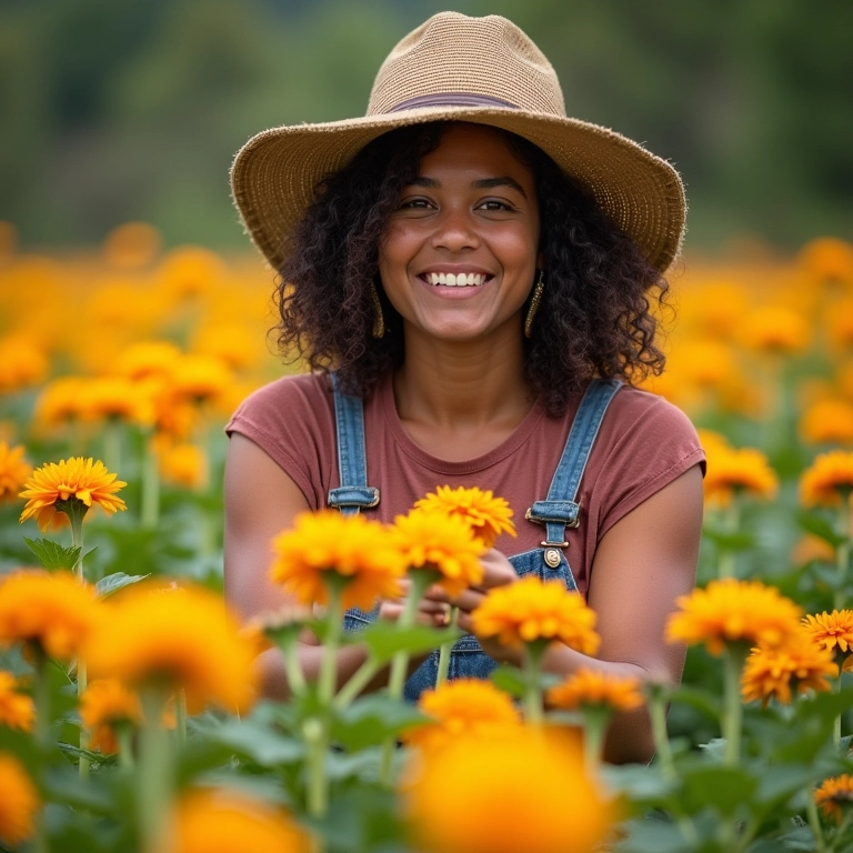 Mulher cuidando de flores em agosto, sorrindo.