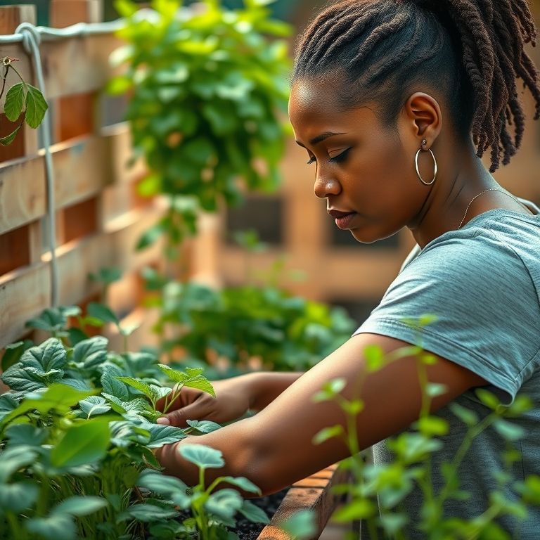 Mulher cuidando de horta vertical compacta.