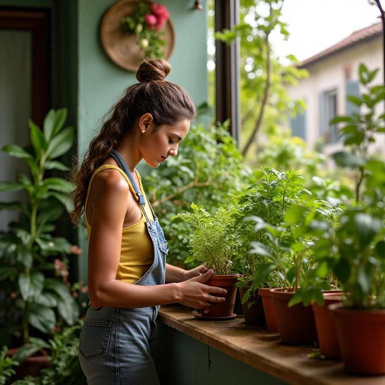 Horta Em Apartamento Pequeno Passo a Passo Guia Fácil Mulher cuidando de horta vibrante em varanda de apartamento pequeno com decoração brasileira.