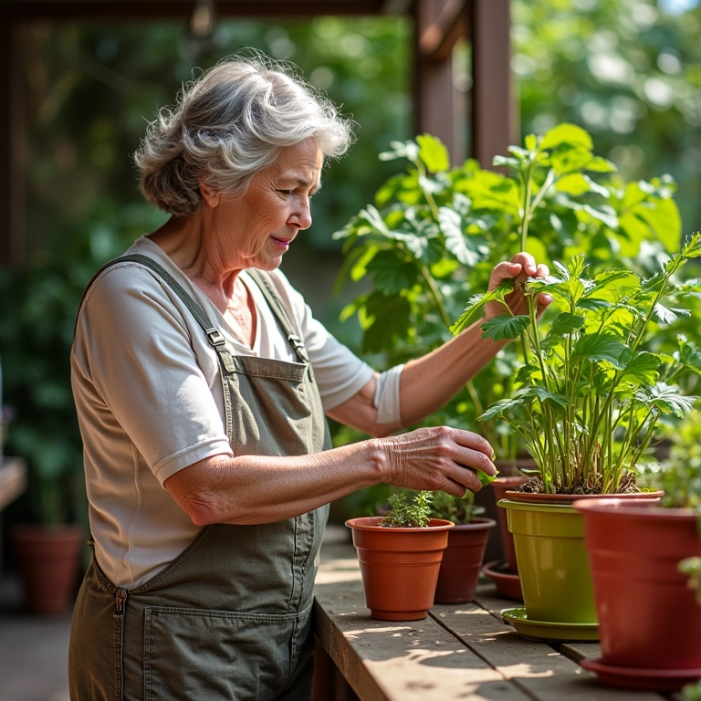 Mulher cuidando de inhames da costa em vasos coloridos.