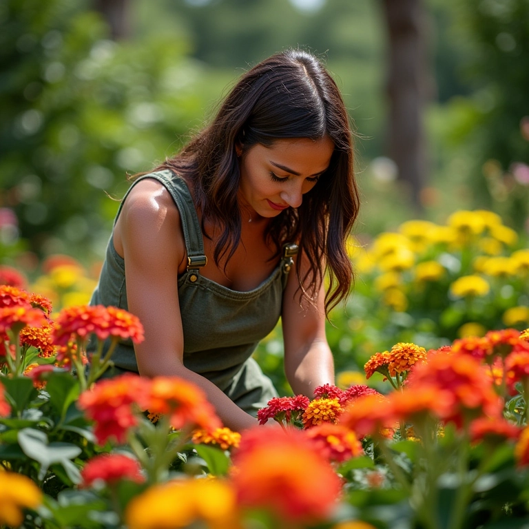 Mulher cuidando de jardim de impatiens coloridas.