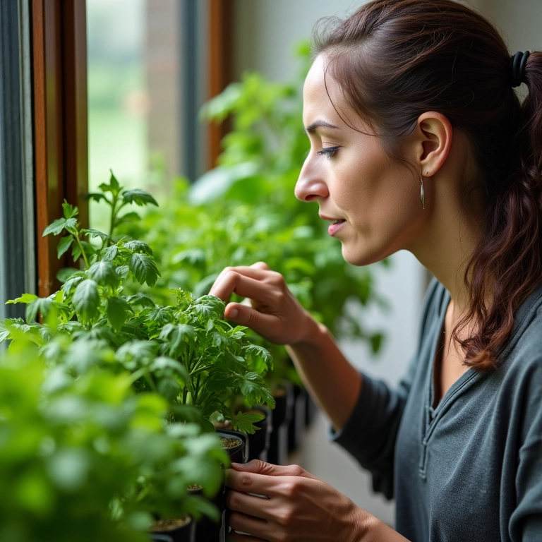 Mulher cuidando de jardim vertical de temperos.