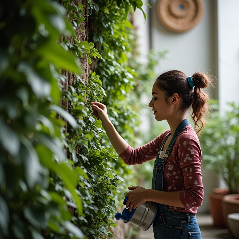 Mulher cuidando de jardim vertical, podando e regando.