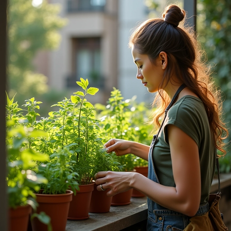 Mulher cuidando de mini-horta em vasos decorados na varanda.