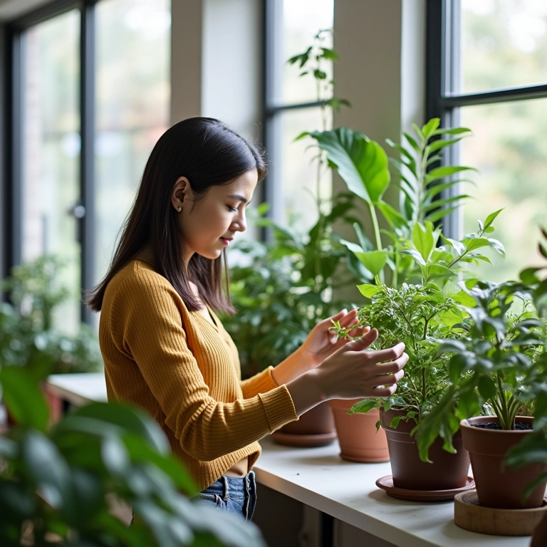 Mulher cuidando de plantas de fácil cuidado na sala.