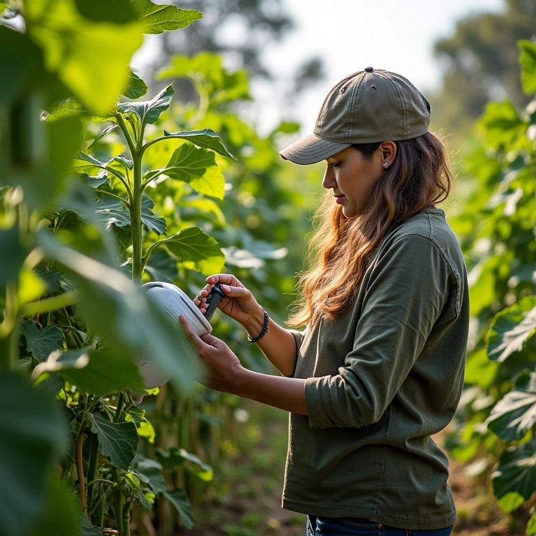 Mulher cuidando de plantas de quiabo em quintal ensolarado.