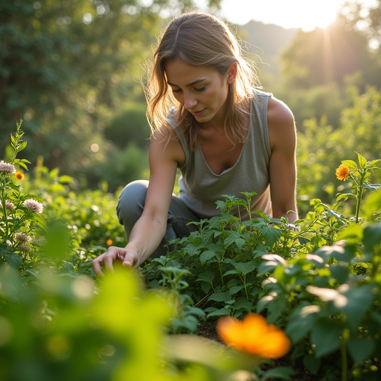 Mulher cuidando de plantas em um sistema de permacultura que utiliza espaços marginais.
