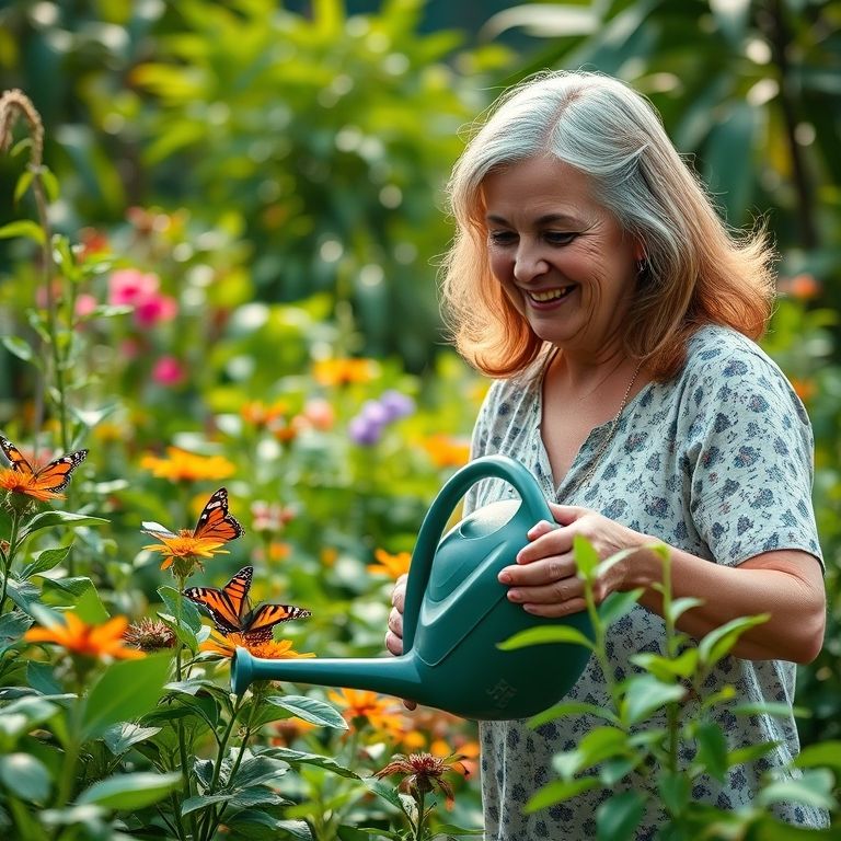 Mulher cuidando de plantas para atrair borboletas.