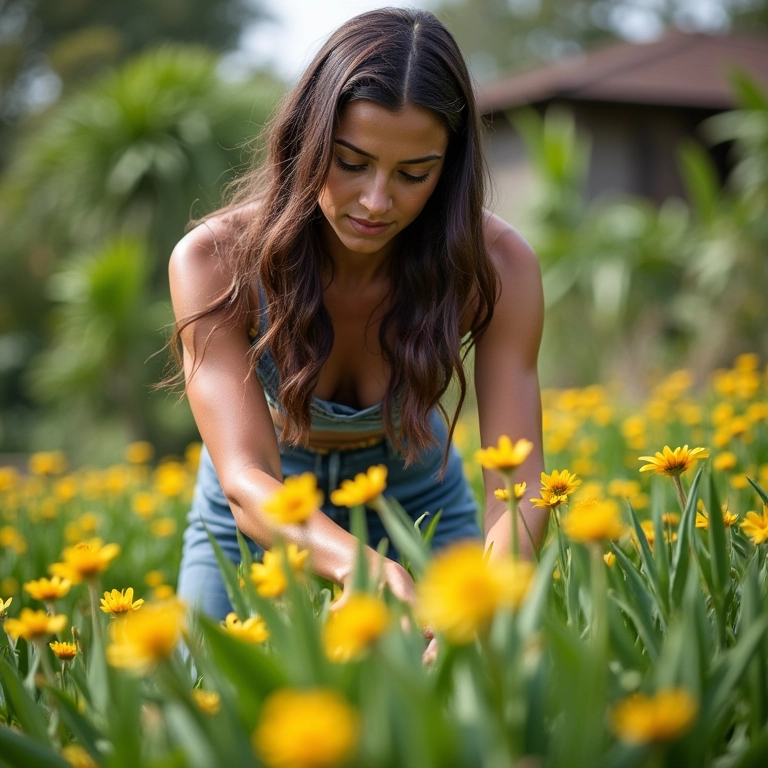 Mulher cuidando de plantas resistentes à seca em seu jardim.