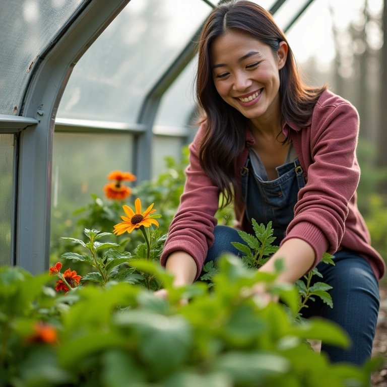 Mulher cuidando de seu jardim de inverno envidraçado com um sorriso.