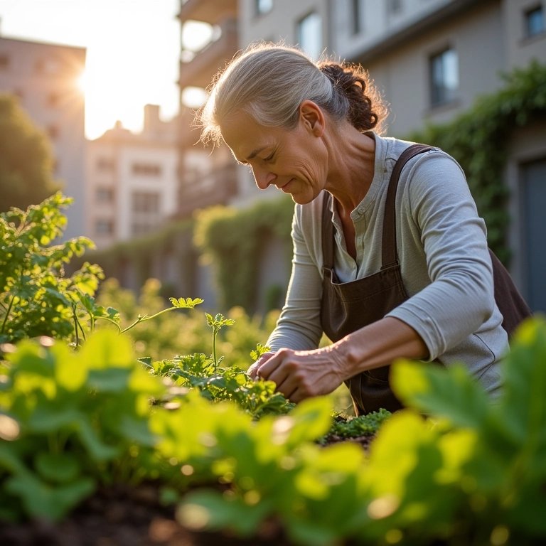 Mulher cuidando de sua horta elevada em casa.