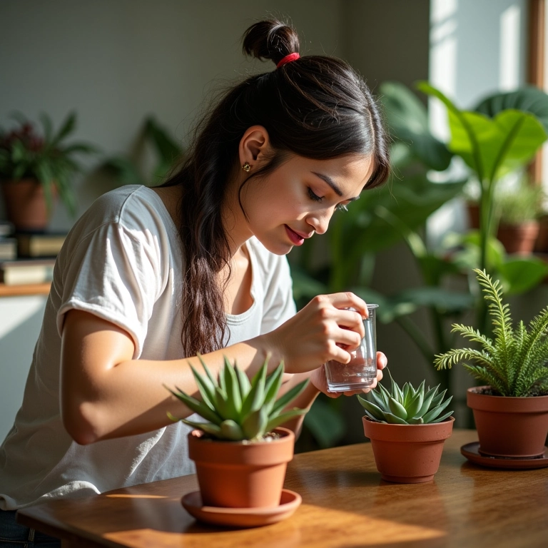 Mulher cuidando de suculentas em sala de estar pequena.