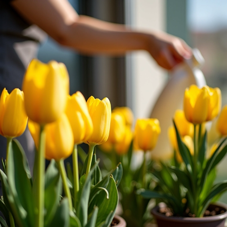 Mulher cuidando de tulipas amarelas em vasos na varanda ensolarada.