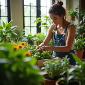 Mulher cuidando de um jardim interno vibrante com diversas plantas.