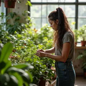 Mulher cuidando de um jardim interno vibrante com diversos suportes para plantas.