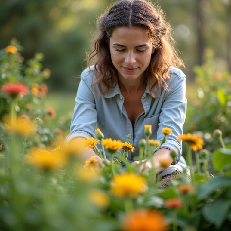 Mulher cuidando de um jardim sensorial, destacando os benefícios para a saúde mental.
