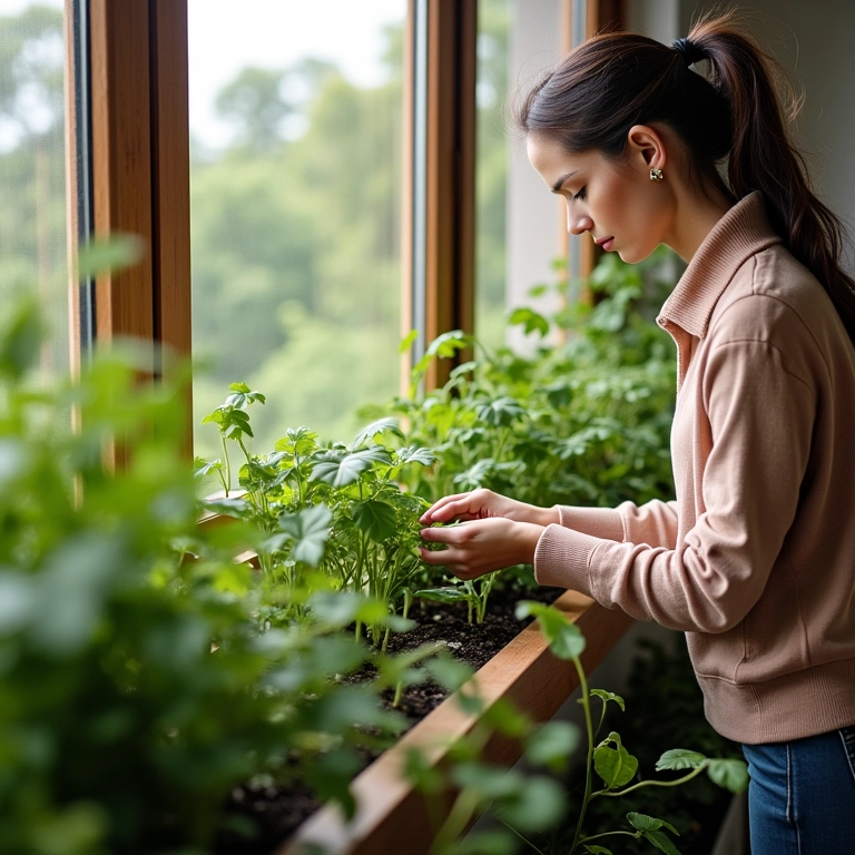 Mulher cuidando de um jardim vertical em varanda, promovendo bem-estar.