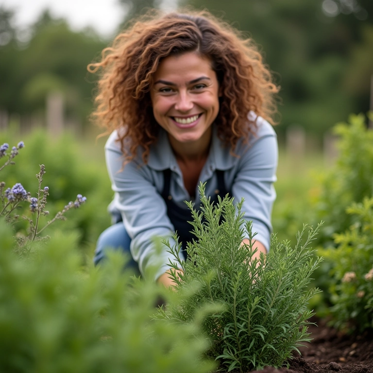 Mulher cuidando do seu jardim aromático com alecrim, hortelã e orégano.