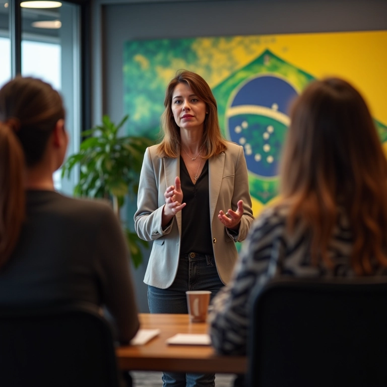 Mulher dando um discurso motivacional para um grupo de mulheres em um escritório moderno.