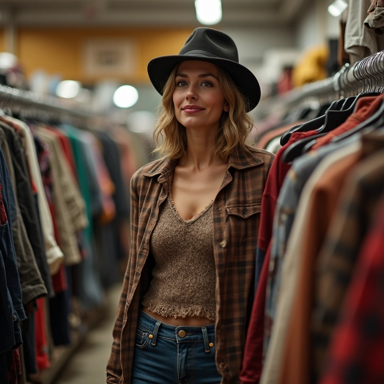 Mulher de 40 anos, vestindo roupa estilosa, procurando roupas vintage em brechó organizado.