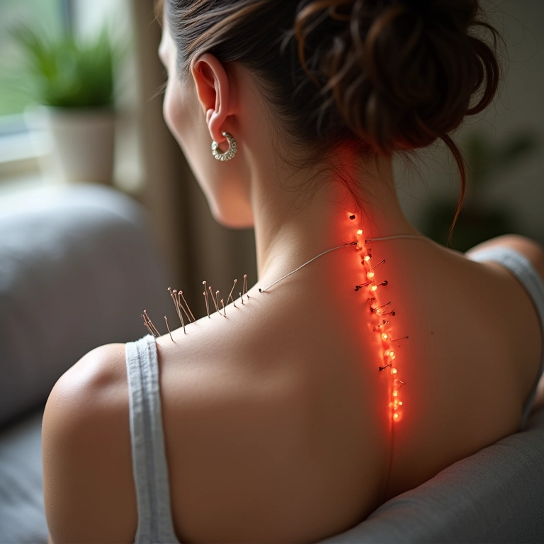 Mulher de meia-idade recebendo acupuntura para alívio da dor crônica nas costas.