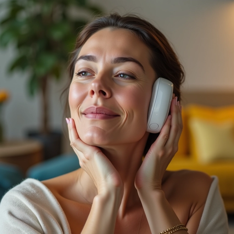 Mulher de meia-idade usando aparelho de radiofrequência no rosto.