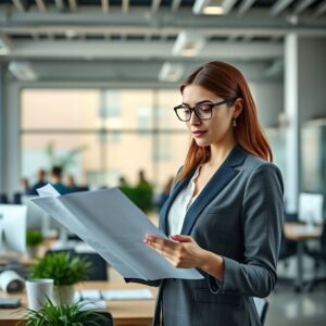 Mulher de negócios analisando documentos em escritório moderno, conceito de compliance.