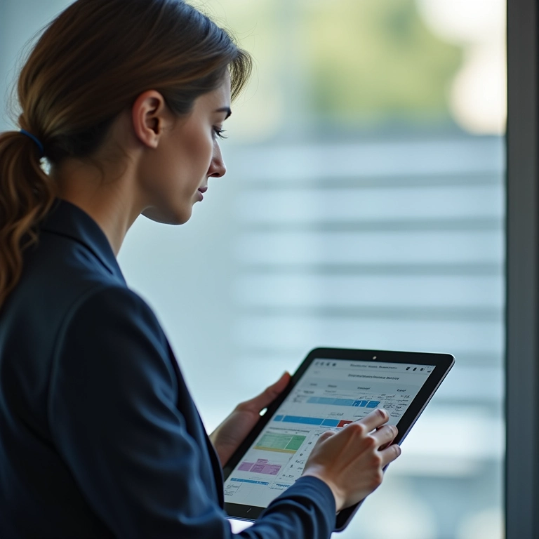 Mulher de negócios analisando fluxograma no tablet para otimizar processos.