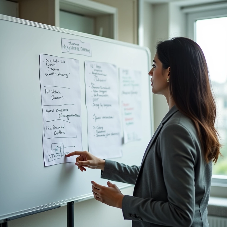 Mulher de negócios apresentando um plano de marketing em um escritório moderno.