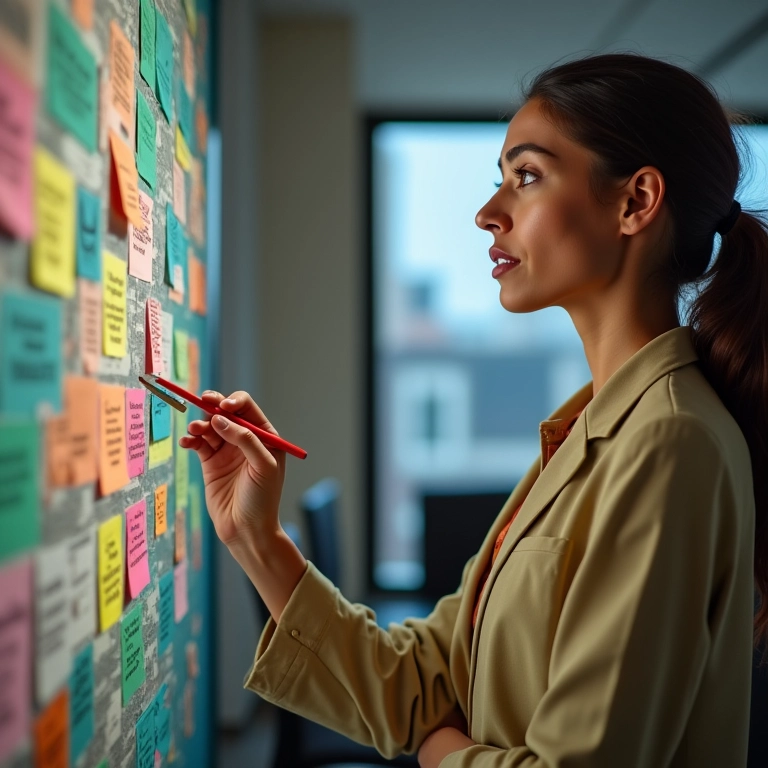 Mulher de negócios brasileira criando estratégias de crescimento em um mapa mental.