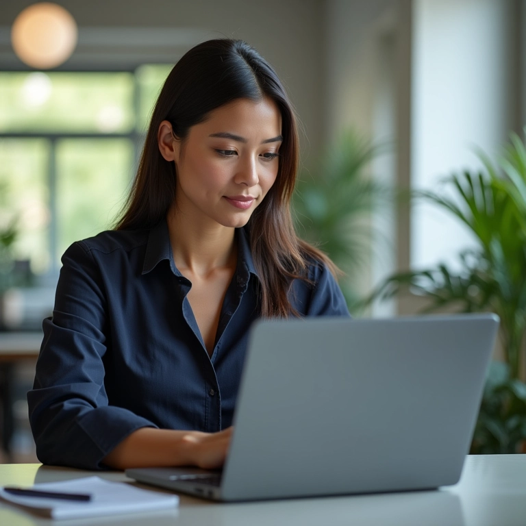 Mulher de negócios utilizando software moderno em um laptop.