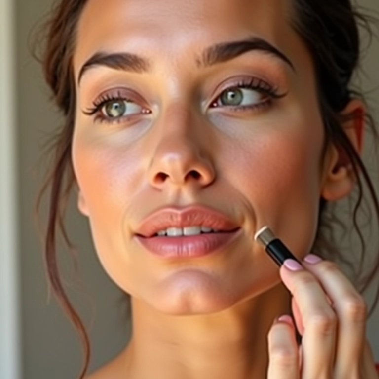 Mulher de pele clara aplicando bronzer em tom de pêssego.