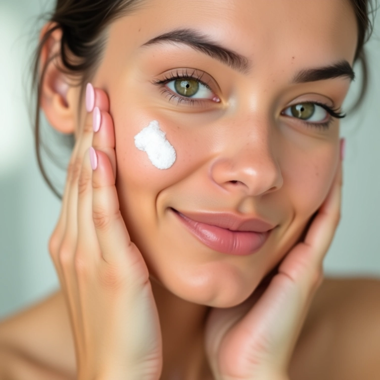 Mulher de pele clara aplicando creme hidratante com PHA no rosto.