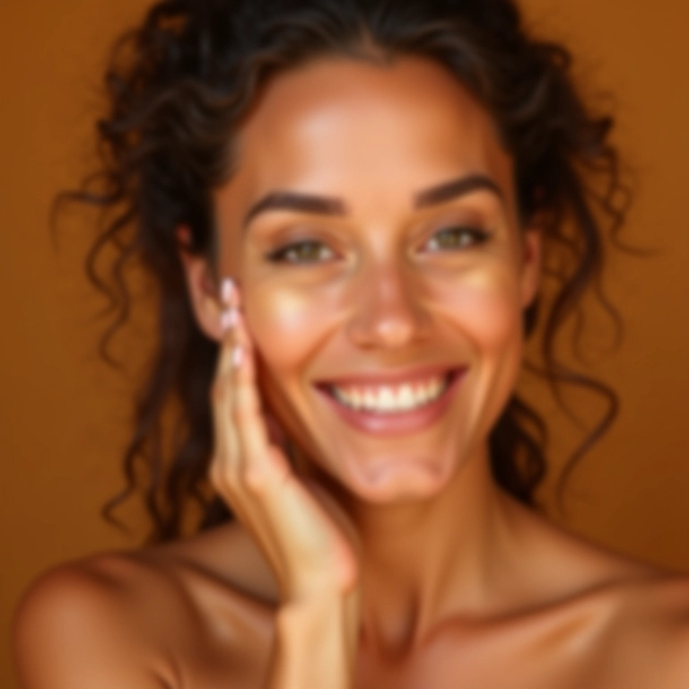 Mulher de pele média aplicando bronzer dourado.