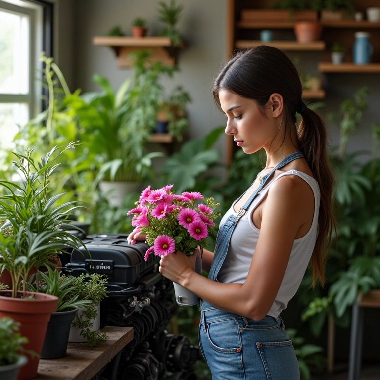 Mulher decorando garagem ao lado de motor limpo.
