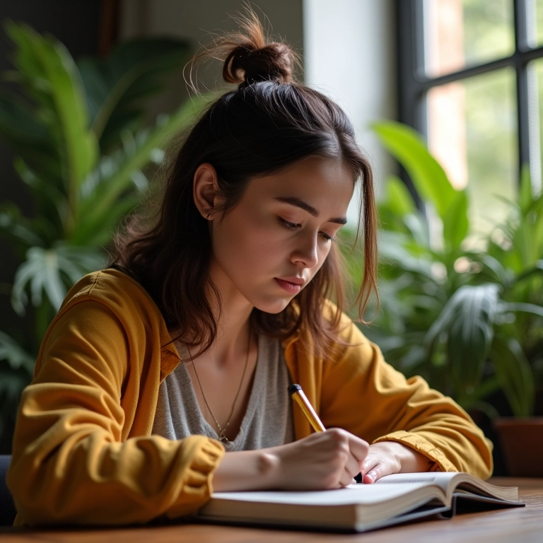 Mulher define seus objetivos financeiros em caderno.