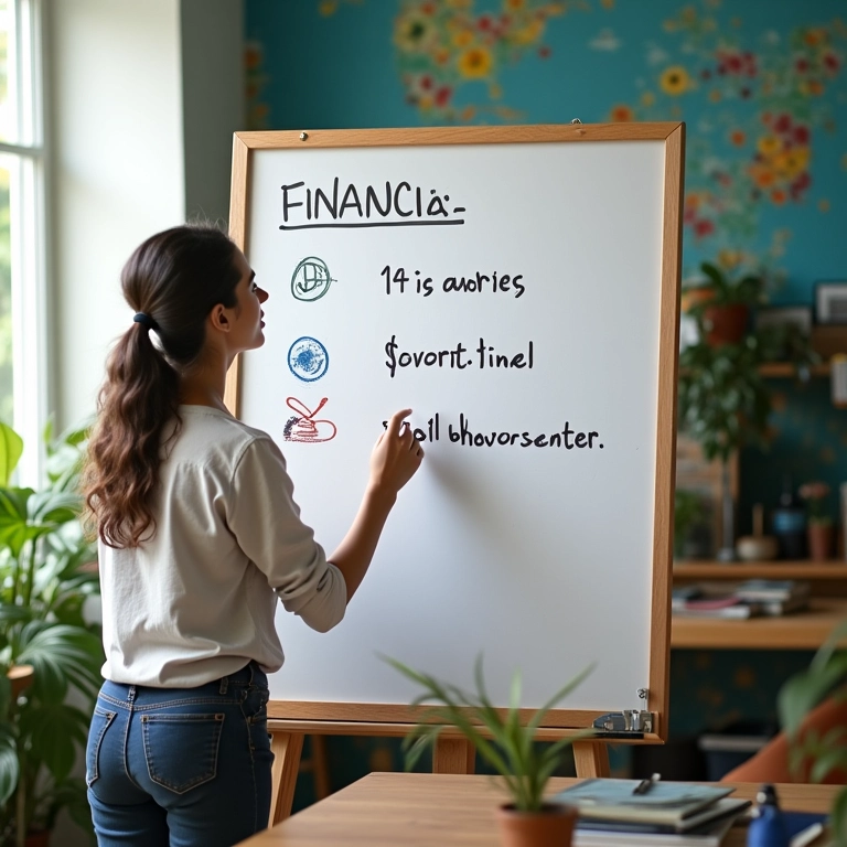 Mulher definindo metas financeiras em quadro branco em escritório colorido.